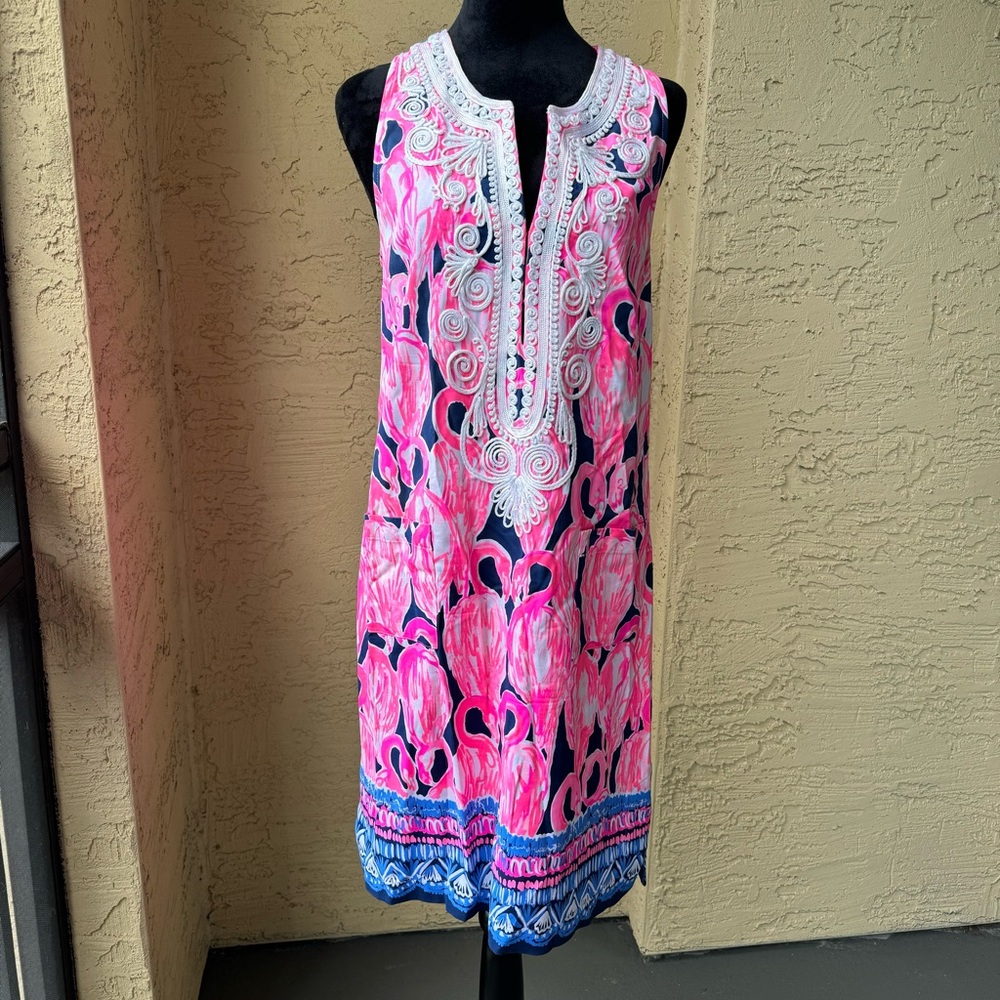 Lilly Pulitzer Dress Flamingo Pink Blue Sleeveless Zip Closure Side Split